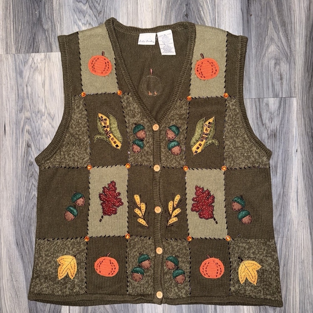 Vintage Fall Autumn Bobbie Brooks Vest Size Womens XL Brown Tan Pumpkins Leaves